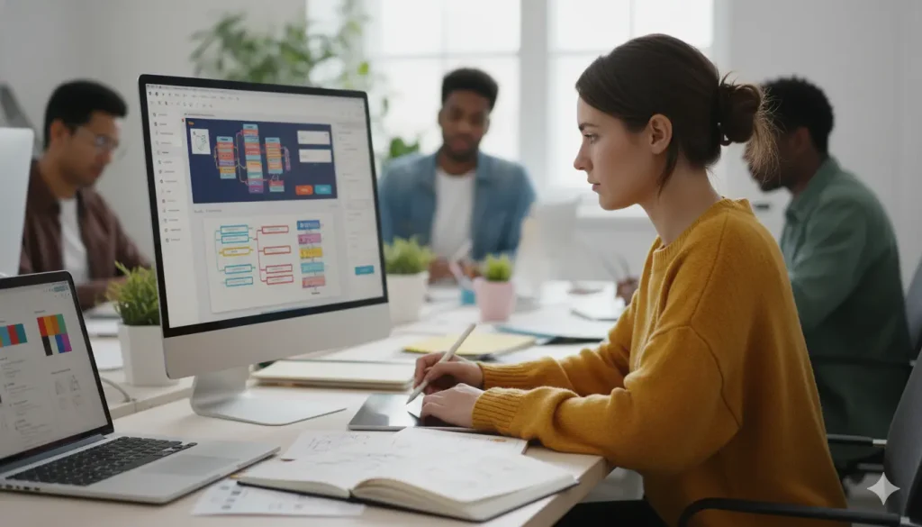 UX designer au travail dual media