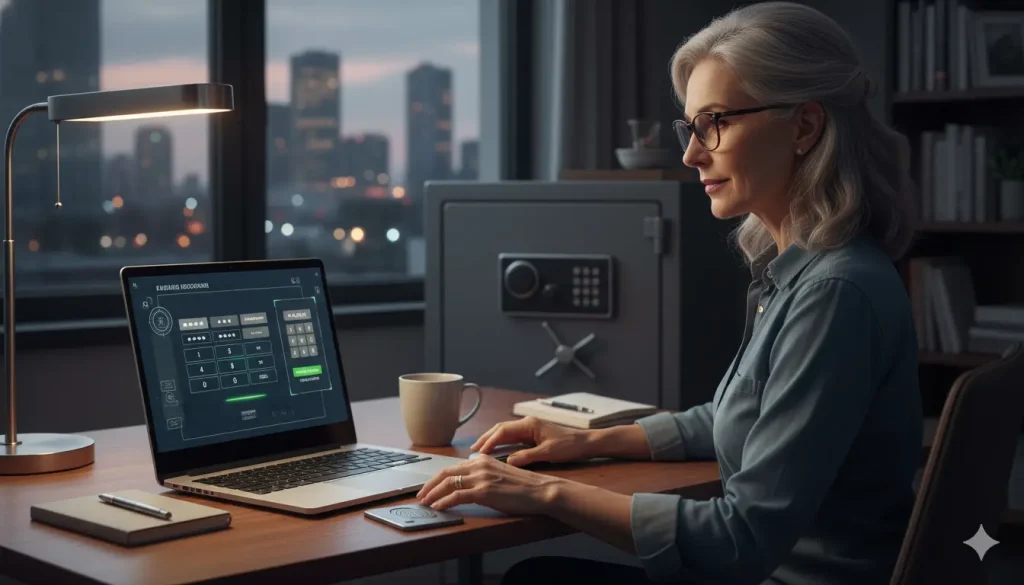 photo article dame qui protege son coffre