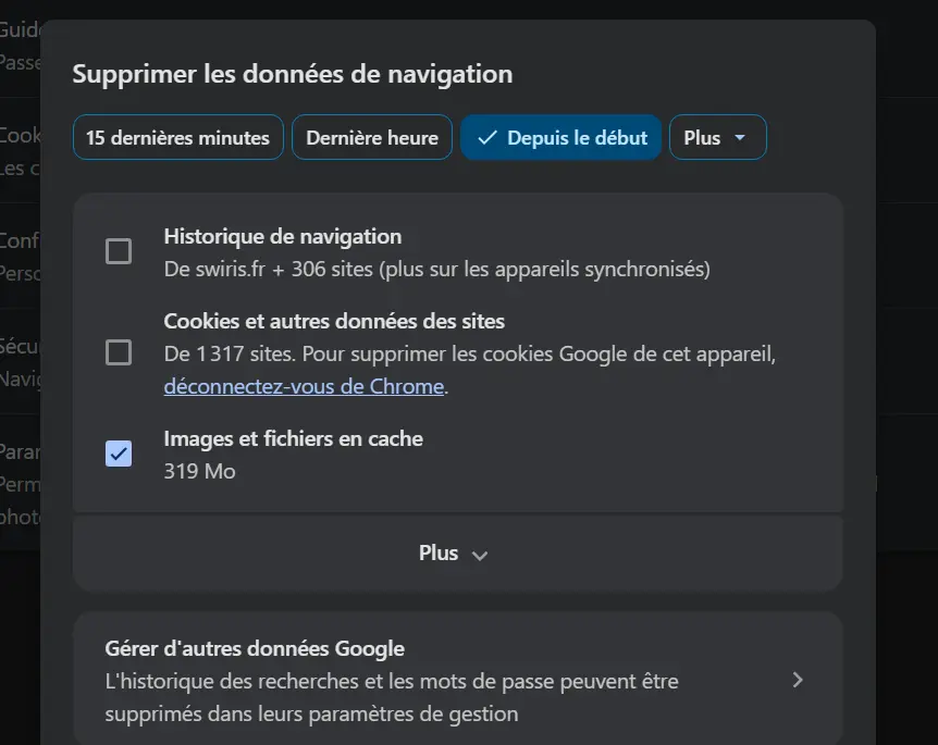 options suppresion cache google chrome
