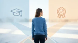 Personne choisissant entre un chemin de diplôme et un chemin de certification, symbolisant le choix de formation.