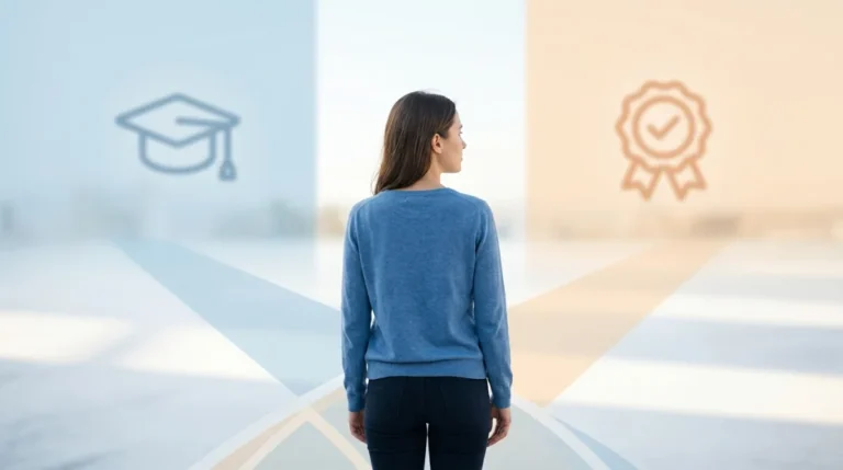 Personne choisissant entre un chemin de diplôme et un chemin de certification, symbolisant le choix de formation.