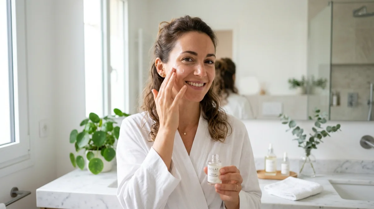 Femme souriante appliquant un sérum visage dans une salle de bain moderne et lumineuse.