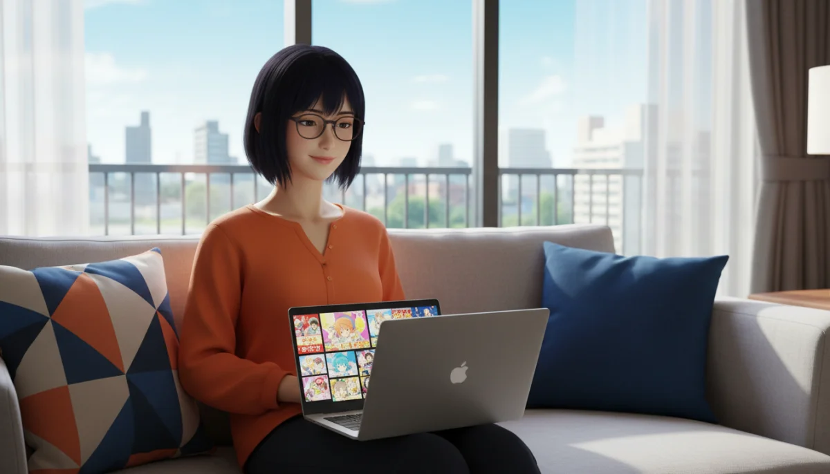 Jeune femme souriante sur canapé avec laptop affichant des animes
