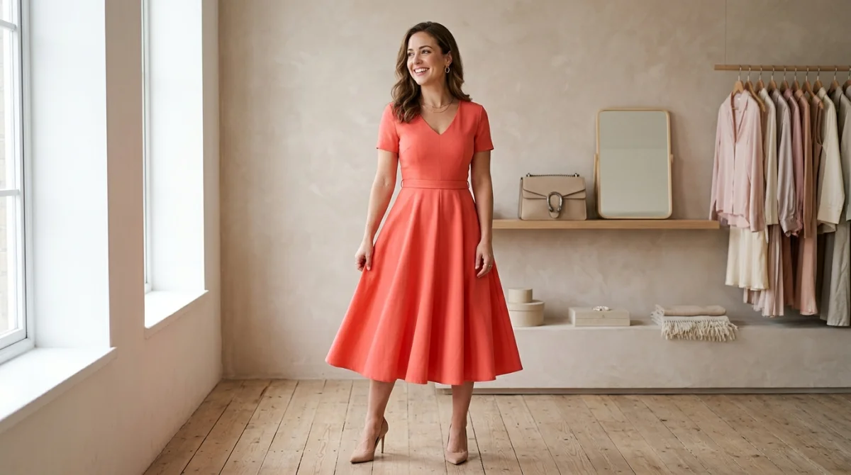 Femme souriante en robe évasée corail, silhouette en sablier, studio lumineux, mode élégante.