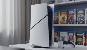 Console PS5 moderne avec lumières bleues sur bureau technologique, idéal pour forum PS5.