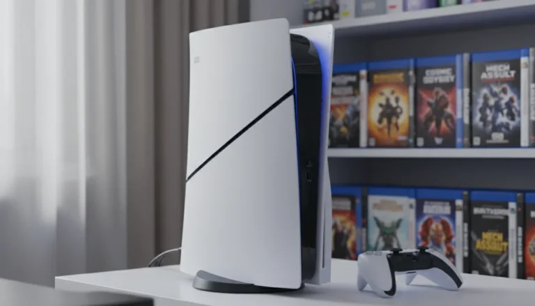 Console PS5 moderne avec lumières bleues sur bureau technologique, idéal pour forum PS5.