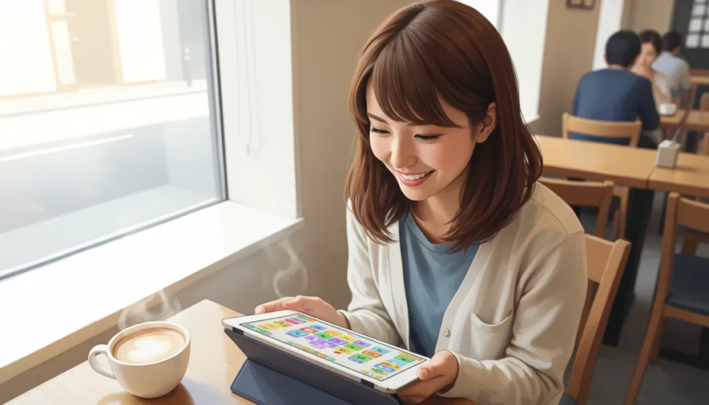 Femme souriante jouant sur tablette dans un café, jeux Ouest France