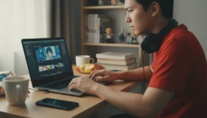 Personne naviguant prudemment sur un site d'animes gratuit sur ordinateur portable