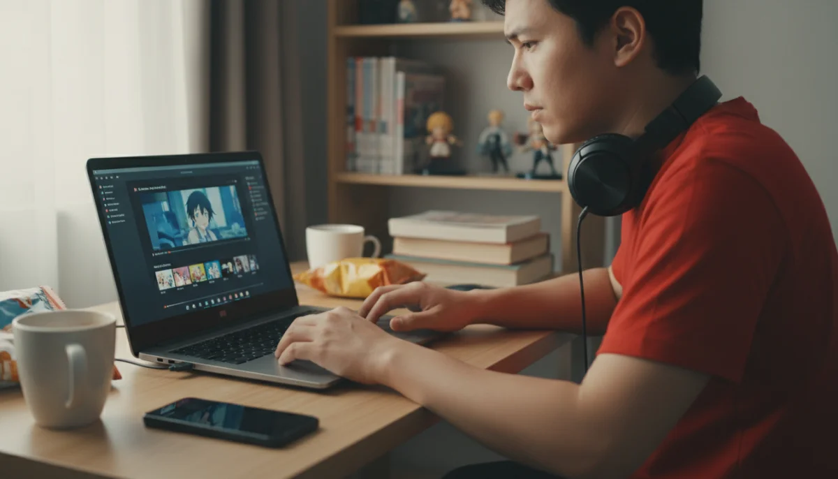 Personne naviguant prudemment sur un site d'animes gratuit sur ordinateur portable