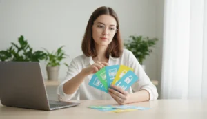 Femme choisissant des cartes technologiques sur un bureau moderne, site comme Udriz