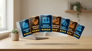 Cartes numériques élégantes disposées en éventail sur un bureau, illustrant des alternatives performantes à un site comme Dubraz.