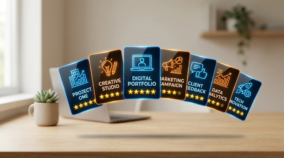 Cartes numériques élégantes disposées en éventail sur un bureau, illustrant des alternatives performantes à un site comme Dubraz.