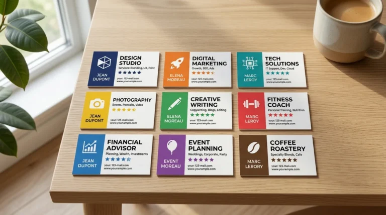 Neuf cartes de visite élégantes disposées en grille sur un bureau, illustrant les meilleurs sites comme Faljam.