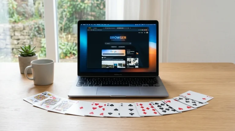 Ordinateur portable sur un bureau en bois entouré de cartes, illustrant les meilleurs sites comme Fusov en 2026.