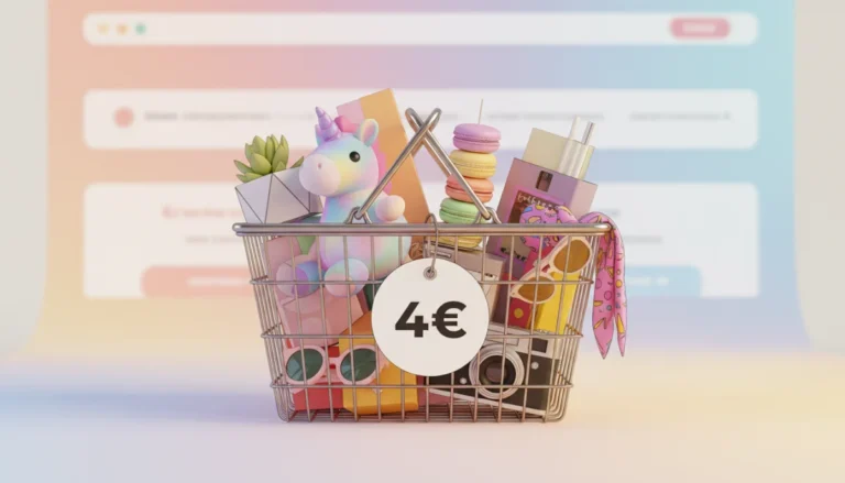 Panier d'achat en ligne avec articles variés et étiquette de prix basse, site comme AliExpress