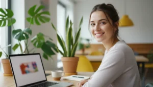 Jeune femme souriante devant un ordinateur portable, ambiance de connexion moderne.