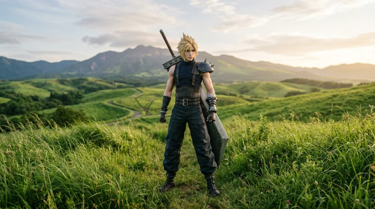 Cloud Strife debout dans les plaines verdoyantes pour notre guide soluce de Final Fantasy 7 Rebirth.