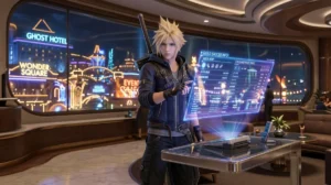 Cloud Strife en tenue décontractée utilise un terminal holographique dans une salle VIP du Gold Saucer, Final Fantasy 7 Rebirth soluce.