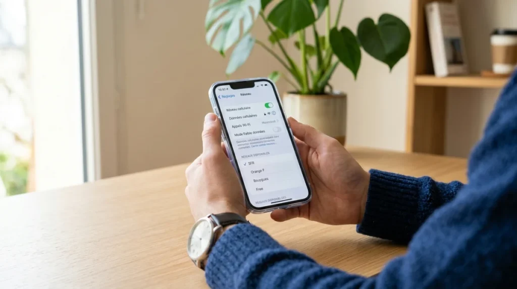 Personne consultant les paramètres réseau sur un iPhone moderne pour vérifier son adresse IP dans un bureau.