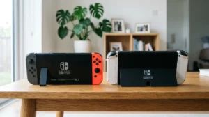 Comparaison visuelle entre une Nintendo Switch standard et une Switch OLED posées côte à côte sur une table.