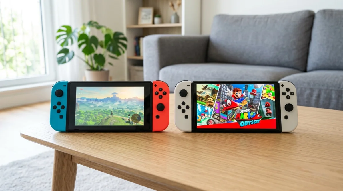 Comparaison visuelle entre une console Nintendo Switch standard et le modèle OLED sur une table en bois.