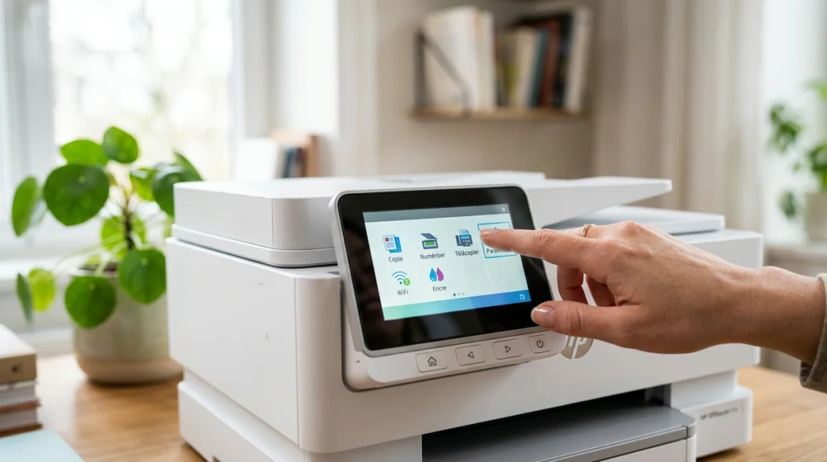Main interagissant avec l'écran tactile d'une imprimante multifonction pour configurer son adresse IP dans un bureau.