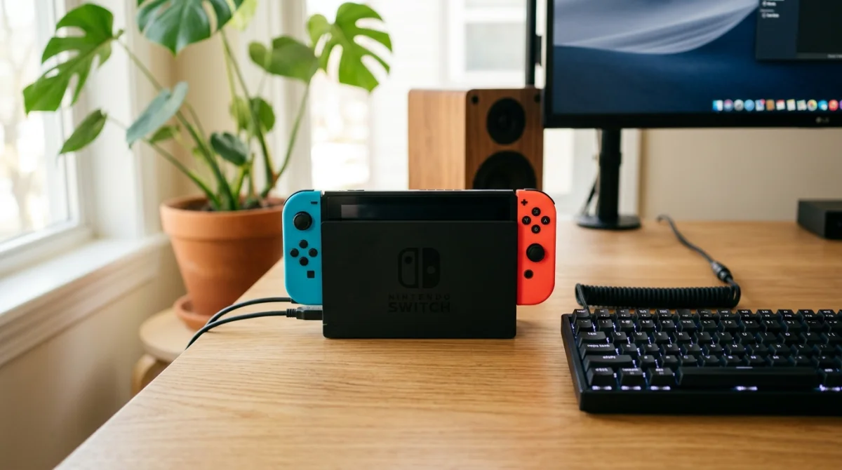 Console Nintendo Switch posée sur un bureau en bois moderne à côté d'un clavier pour le forum Switch.