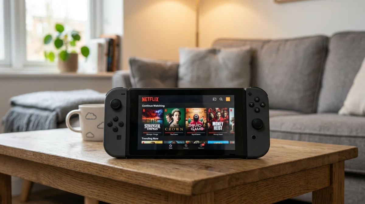 Console Nintendo Switch posée sur une table affichant l'interface de l'application Netflix dans un salon moderne.