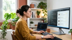 Développeuse web intégrant des widgets d'avis clients sur un écran dans un bureau moderne et lumineux.