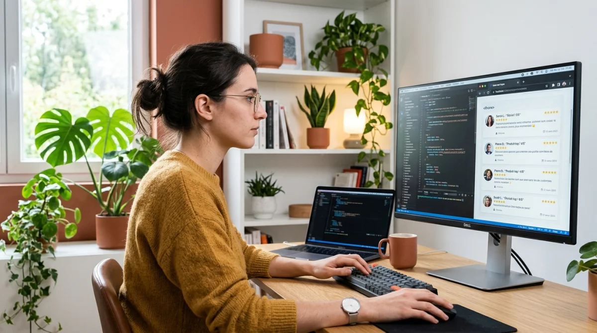 Développeuse web intégrant des widgets d'avis clients sur un écran dans un bureau moderne et lumineux.