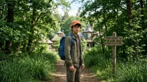 Jeune dresseur devant la Maison des Pièges dans Pokémon Émeraude, idéal pour illustrer notre soluce complète du jeu.