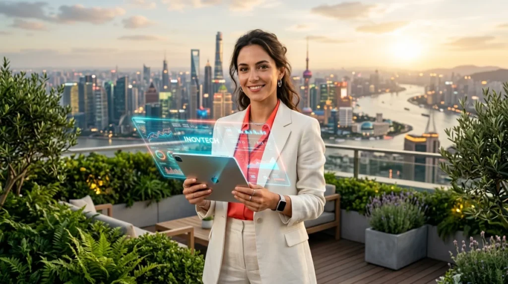 Jeune entrepreneure utilisant une tablette avec des graphiques holographiques sur un toit-terrasse pour le site monde-business.fr.