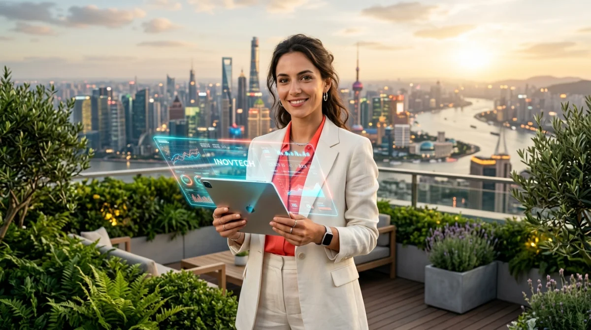 Jeune entrepreneure utilisant une tablette avec des graphiques holographiques sur un toit-terrasse pour le site monde-business.fr.