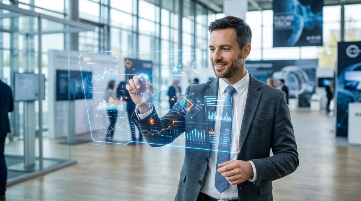 Professionnel souriant interagissant avec une interface de données holographique moderne lors d'une conférence sur datamarketingparis.com.