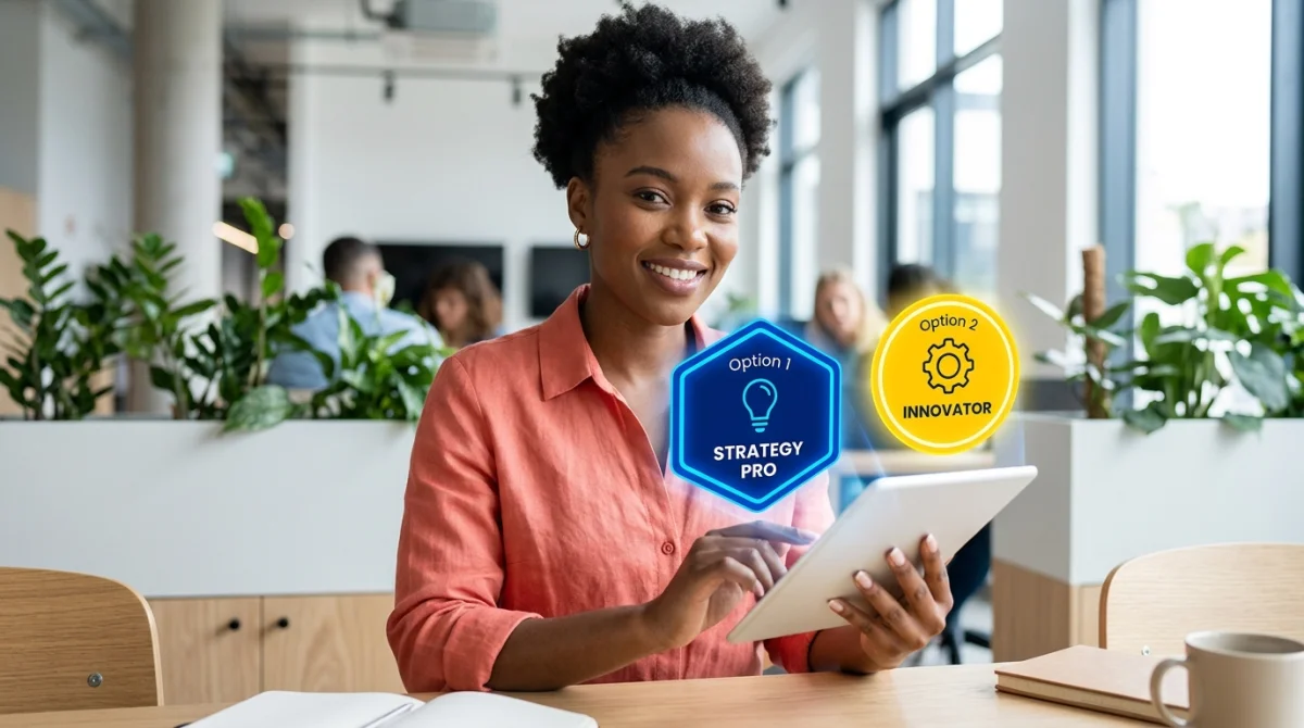 Professionnel présentant des badges numériques sur une tablette dans un espace de travail moderne pour datamarketingparis.com.
