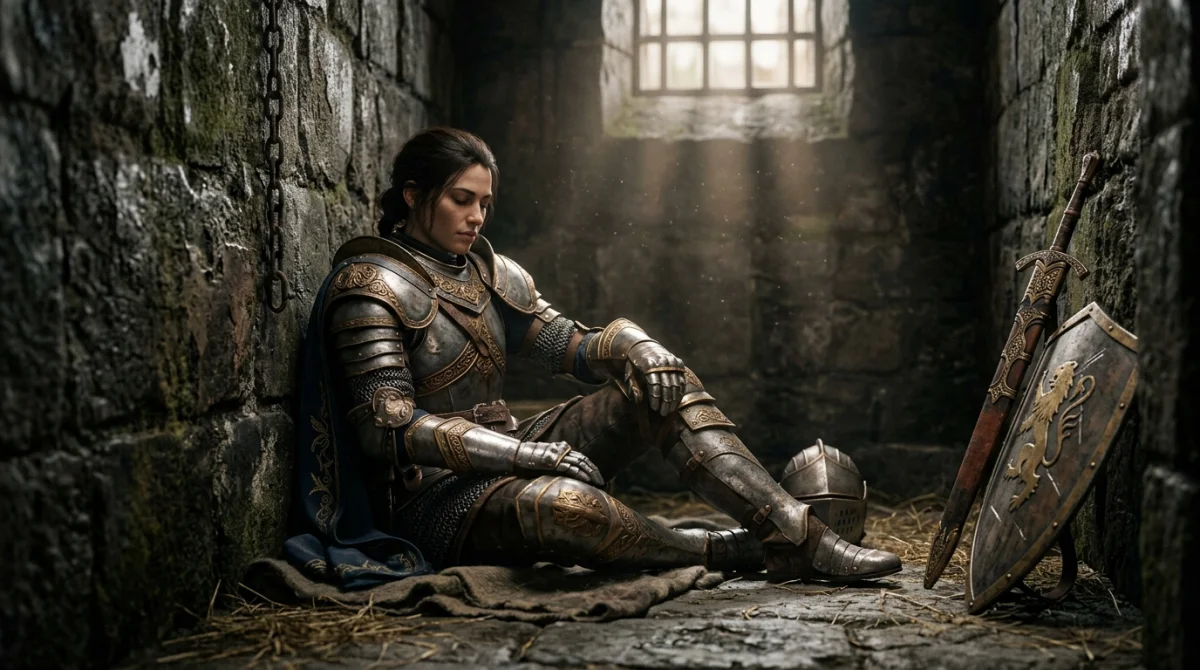 Guerrier en armure médiévale se reposant dans une cellule en pierre pour notre soluce Dragon Dogma 2.