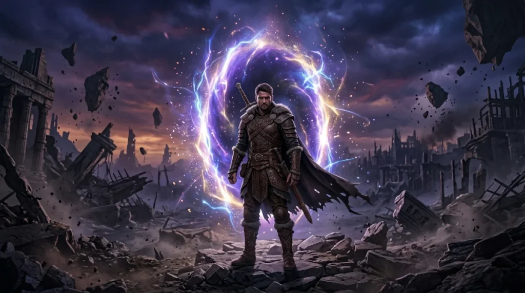 Guerrier en armure face à une faille dimensionnelle dans un monde en ruines pour Dragon's Dogma 2 soluce.
