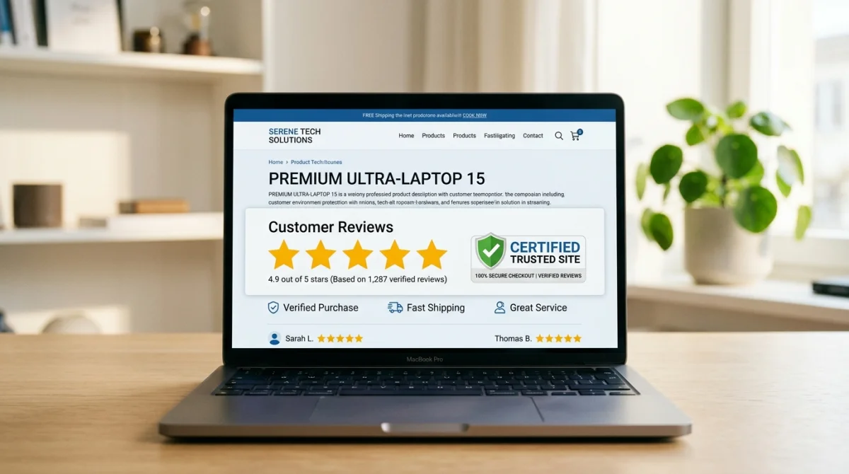 Ordinateur affichant des avis clients et un badge de confiance sur le site les-avis-clients.com dans un bureau moderne.