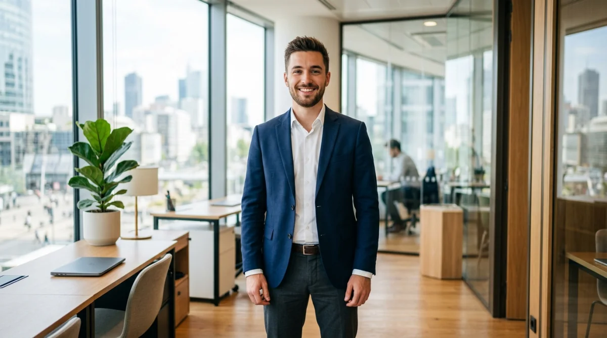 Jeune professionnel confiant souriant dans un bureau moderne et lumineux pour illustrer le site monde-business.fr.