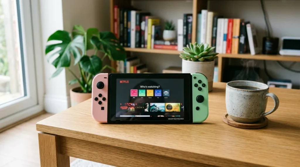 Console Nintendo Switch posée sur une table affichant l'interface Netflix dans un salon moderne et lumineux.