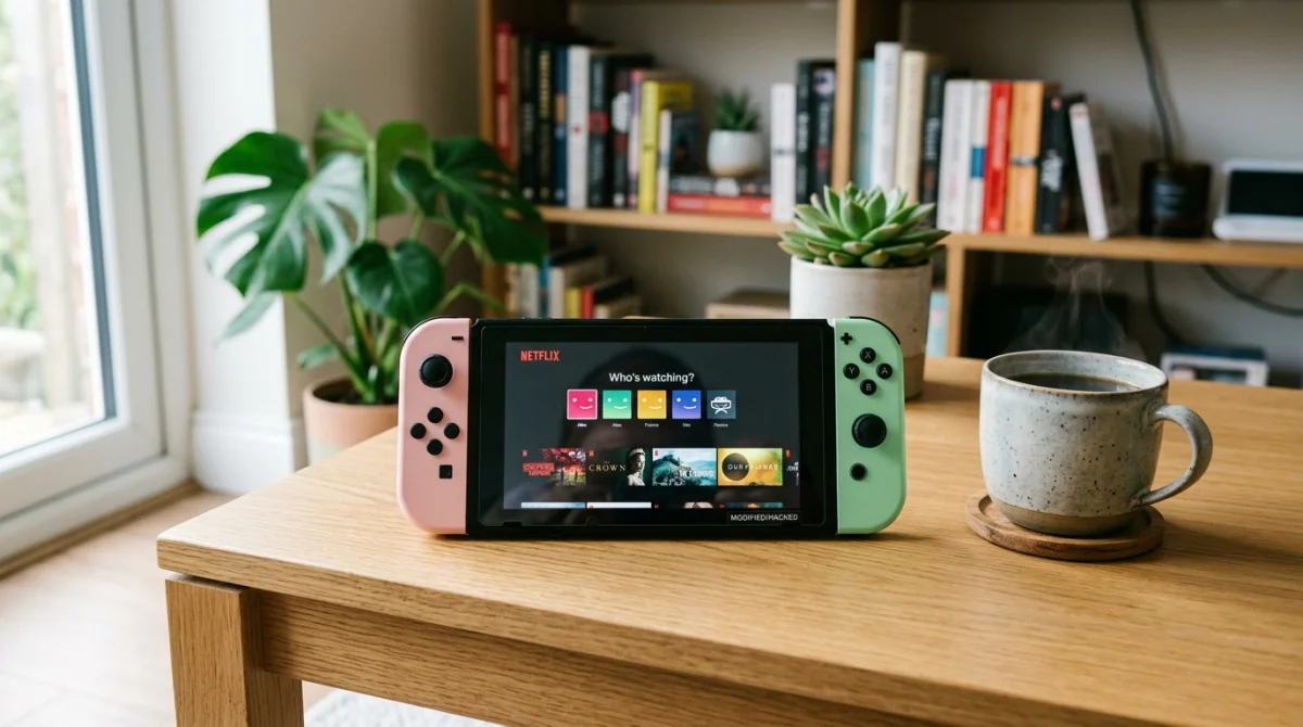 Console Nintendo Switch posée sur une table affichant l'interface Netflix dans un salon moderne et lumineux.