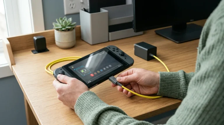 Mains branchant un adaptateur secteur officiel sur une console Nintendo Switch qui ne se rallume plus.