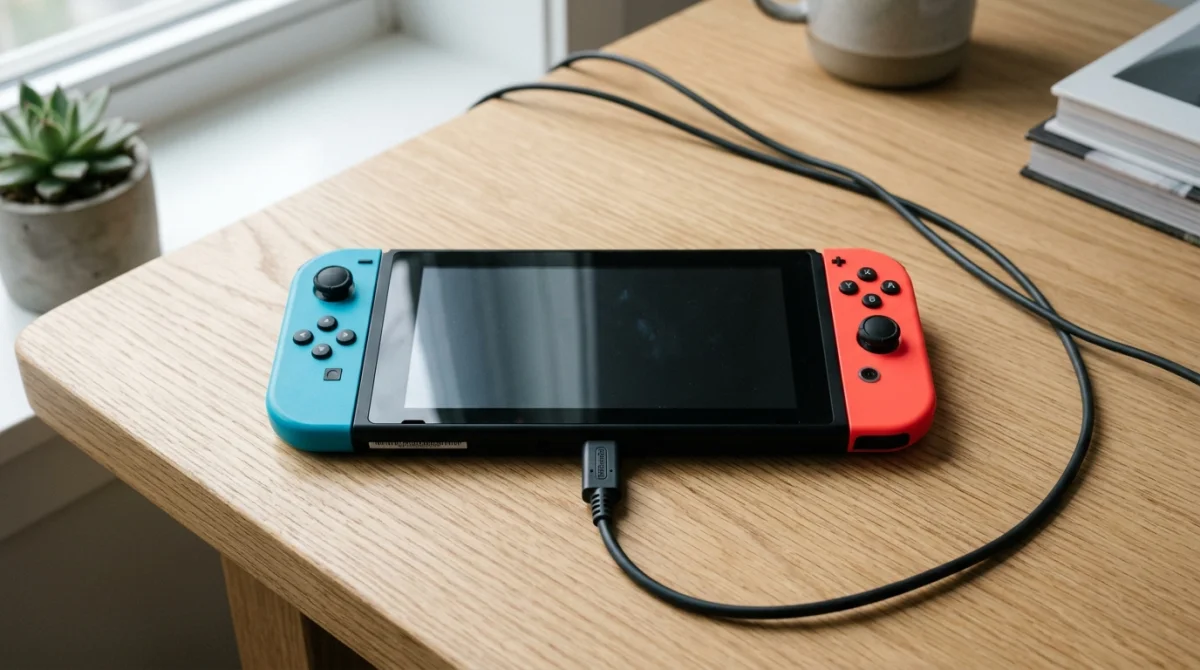 Console Nintendo Switch écran éteint branchée sur un bureau en bois car elle ne se rallume plus.