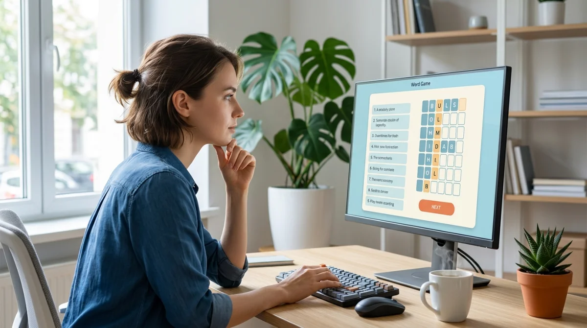Personne concentrée devant un écran d'ordinateur pour trouver la solution du jeu Cemantix dans un bureau lumineux.