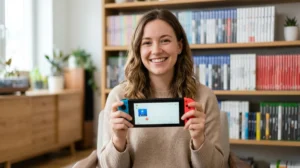 Personne souriante tenant une console Nintendo Switch dans un salon, idéale pour échanger sur le forum Switch.
