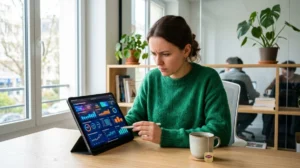 Personne concentrée analysant des données sur tablette pour trouver la solution du jeu Cemantix soluce.