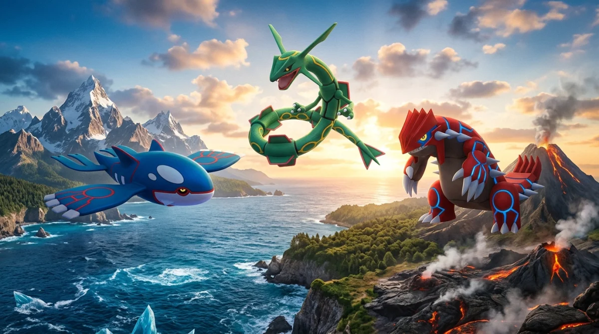 Rayquaza, Kyogre et Groudon survolant un paysage épique pour illustrer notre soluce complète de Pokémon Émeraude.