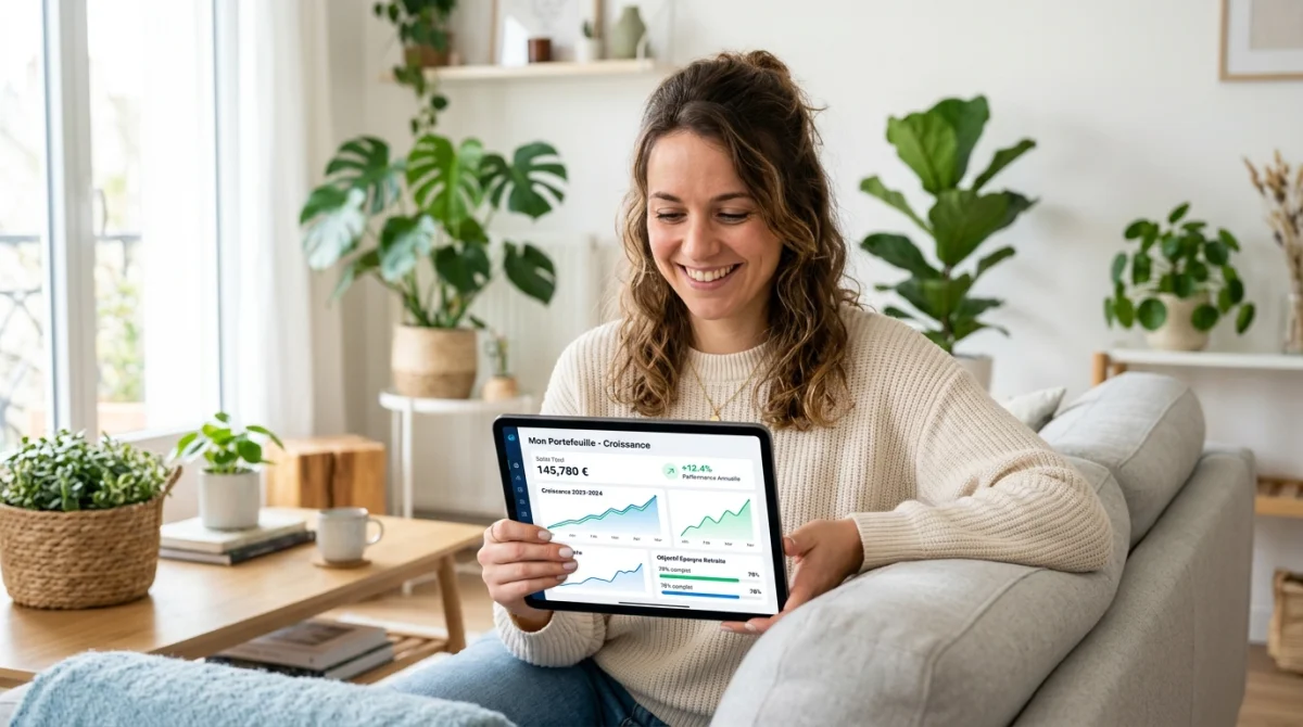 Personne souriante utilisant le simulateur renégociation crédit Oulala sur tablette pour optimiser ses finances dans un salon moderne.