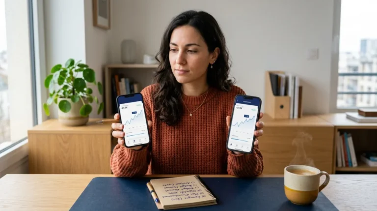 Personne utilisant un smartphone pour le simulateur renégociation crédit oulala avec un graphique financier et un carnet.