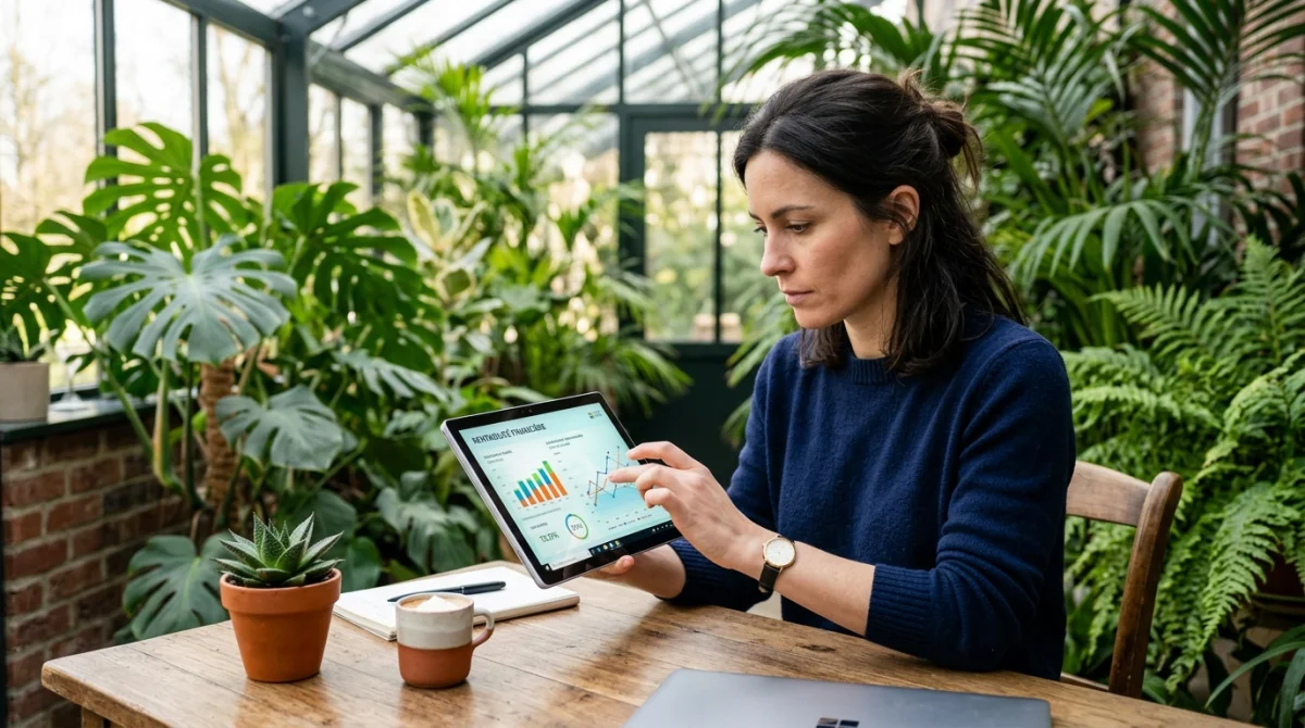 Entrepreneuse utilisant le simulateur retour sur investissement Rezoactif sur tablette dans un bureau lumineux et végétalisé.